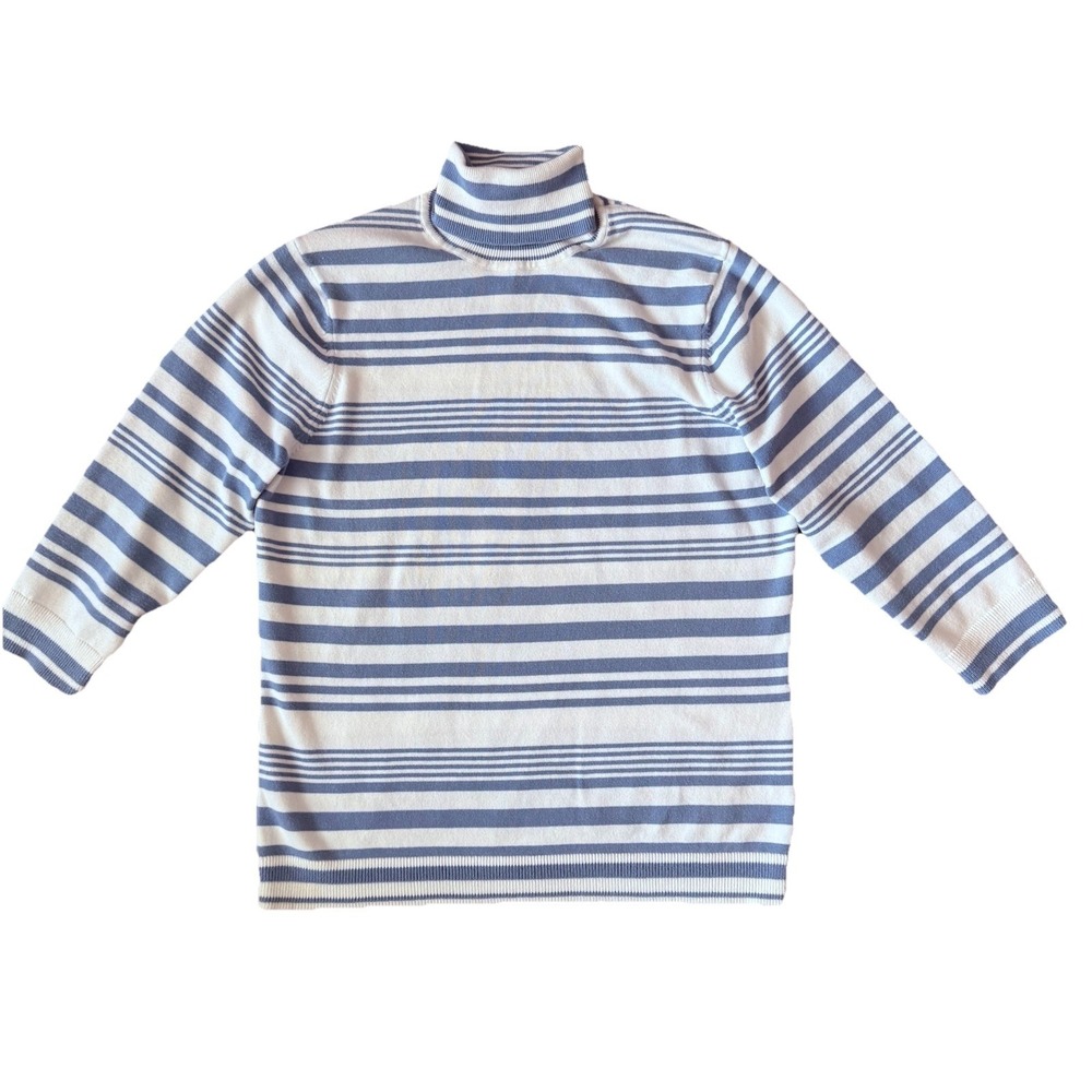 Vintage Y2K Striped Turtleneck Sweater Womens Large Blue White 3/4 Sleeves Coast